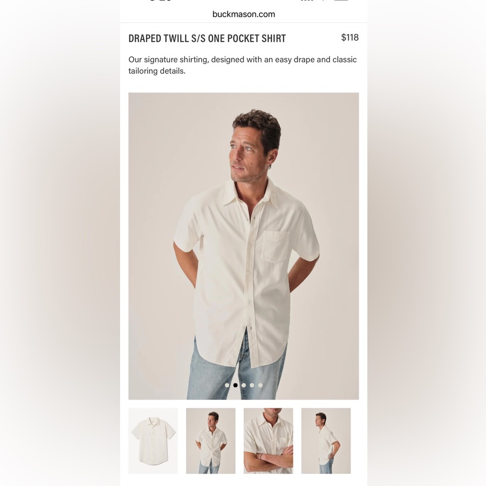 Buck Mason - Draped Twill S/S One Pocket Shirt - White / Large - NWT